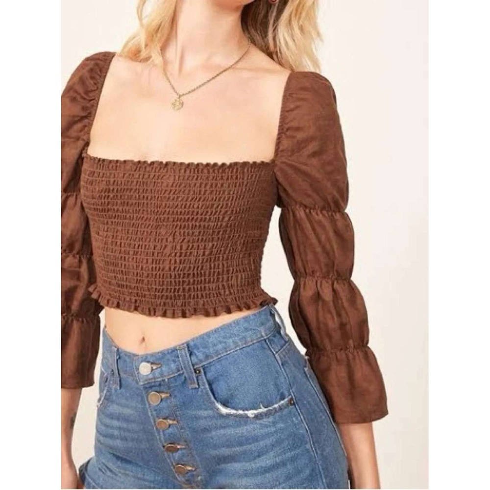 Reformation Top Womens Small Maple Brown Smocked Linen Cropped Square Neck